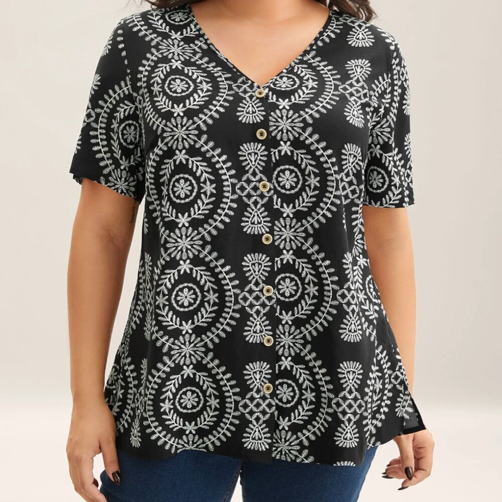 Bloomchic Boho Print Button Placket Blouse - 14/1… - image 1